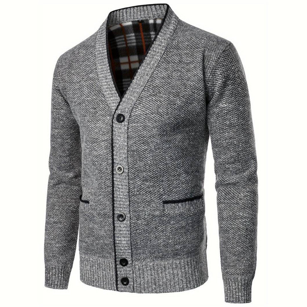 Herren Hellgraue Button-Up Strickjacke - Warmes Plaid-Futter