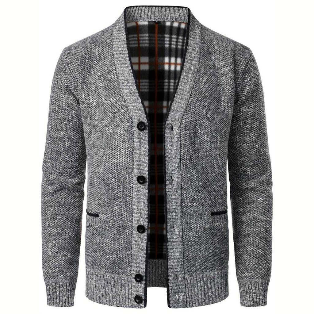 Herren Hellgraue Button-Up Strickjacke - Warmes Plaid-Futter