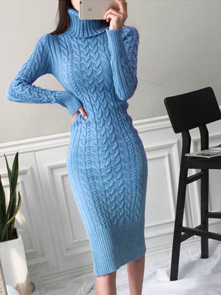 Damen Kabelstrick Jumper Kleid - Rollkragen & Figurbetontes Midi