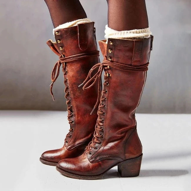 Damen Schnürstiefel - Kniehoch mit Reißverschluss hinten
