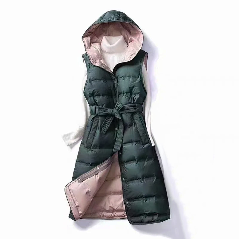 Damen Lange Puffer Gilet - Gürtel & Kapuze