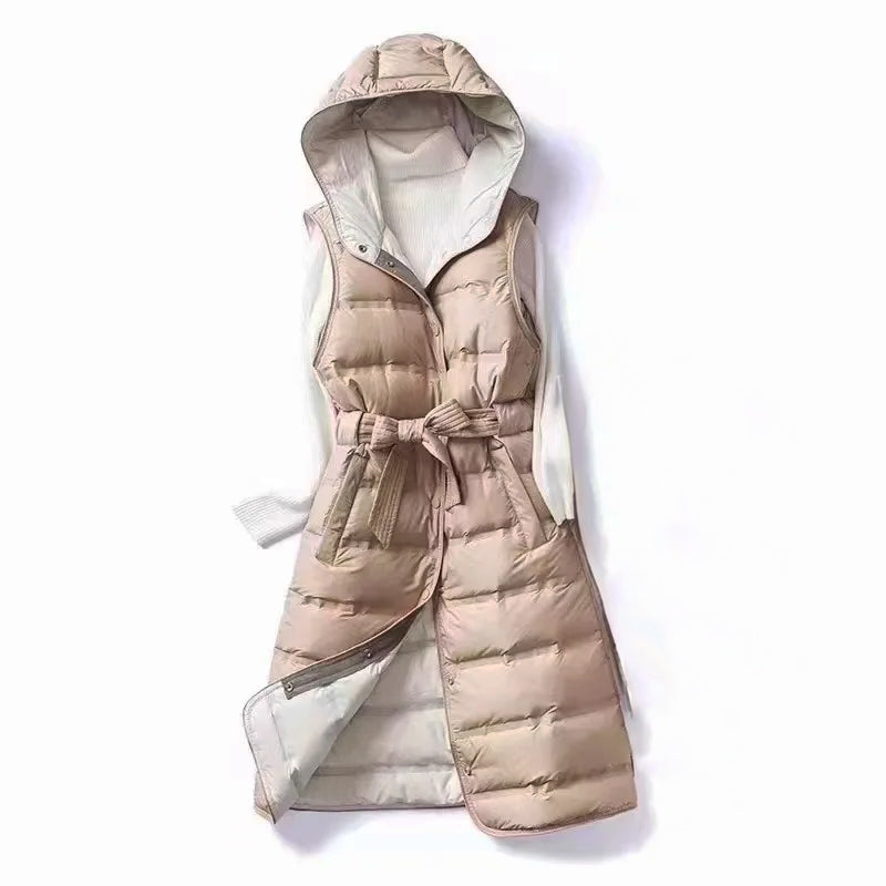Damen Lange Puffer Gilet - Gürtel & Kapuze