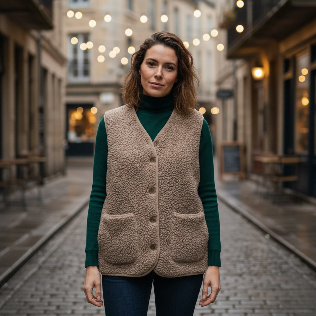 Damen Teddy-Gilet - Weiche Strukturierte Weste mit Knopfleiste