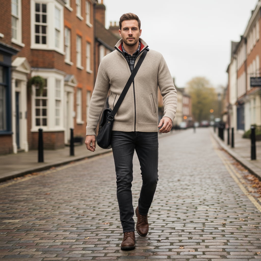 Herren Full-Zip Cardigan - Stehkragen mit Karofutter