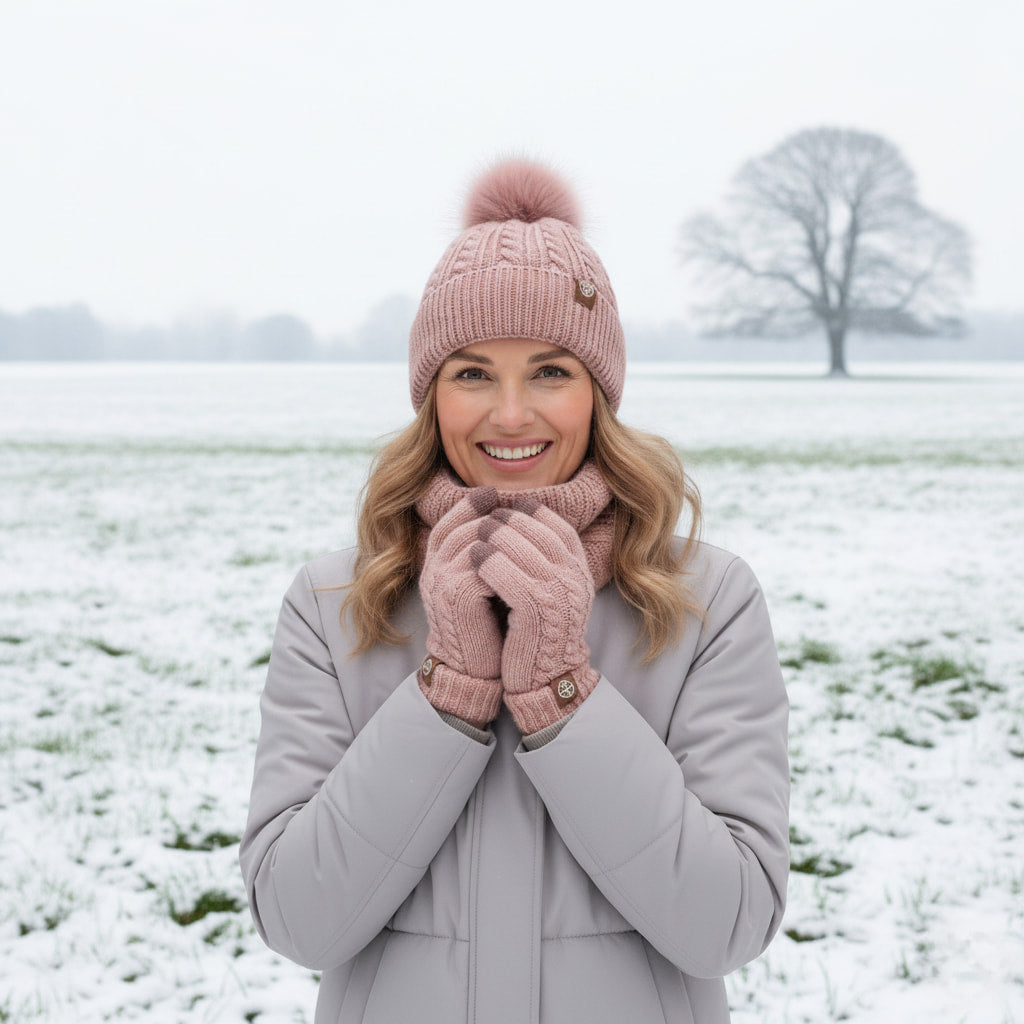 Damen 3-teiliges Set - Touchscreen-Handschuhe, Mütze & Schal