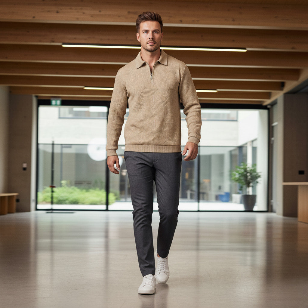 Herren Strukturierter Polo Pullover - Viertel-Reißverschluss mit Langarm