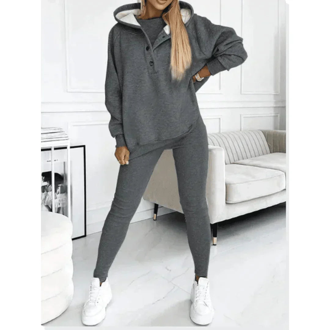 Damen Hausanzug Set - Kapuzenpullover mit Knopfleiste und Hose