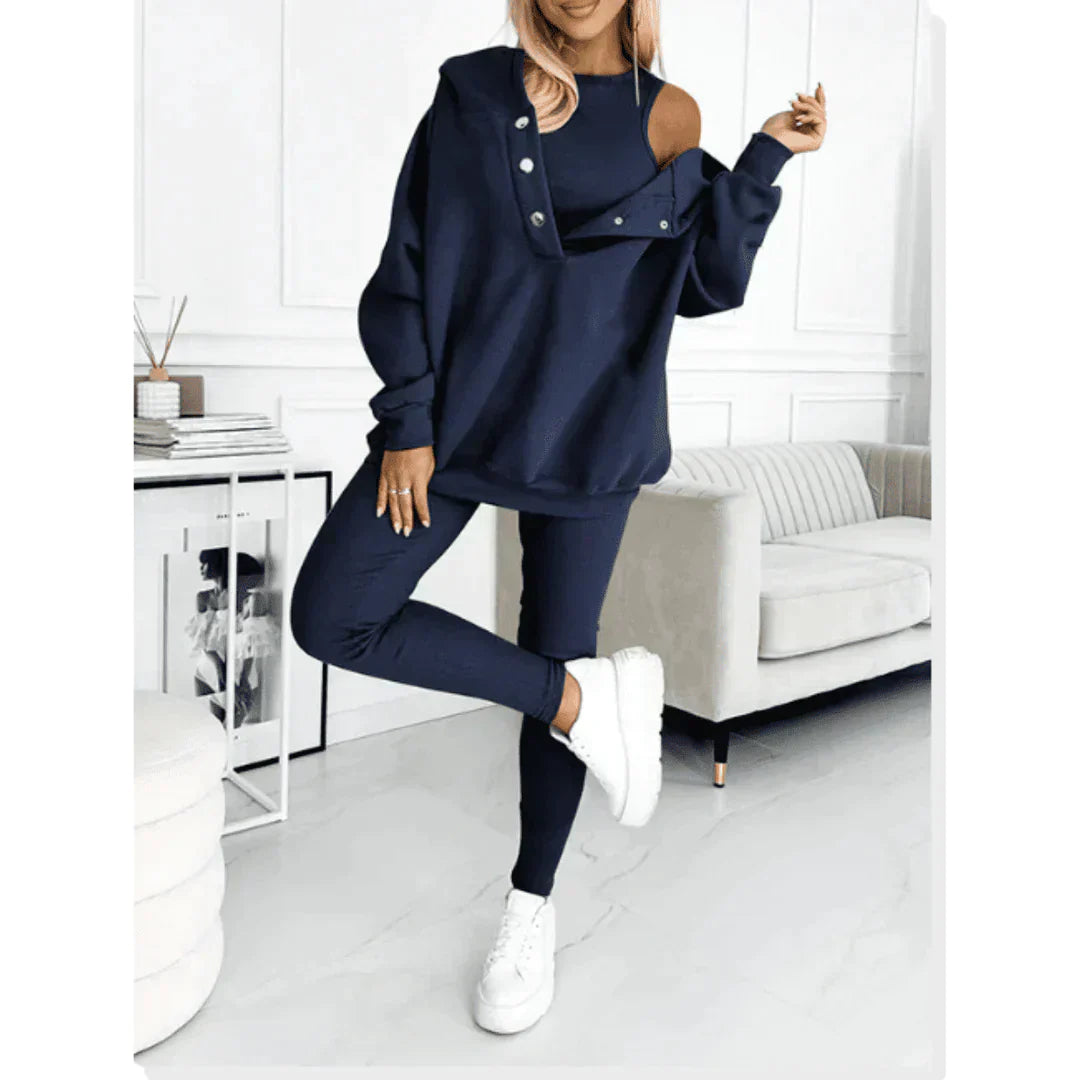 Damen Hausanzug Set - Kapuzenpullover mit Knopfleiste und Hose