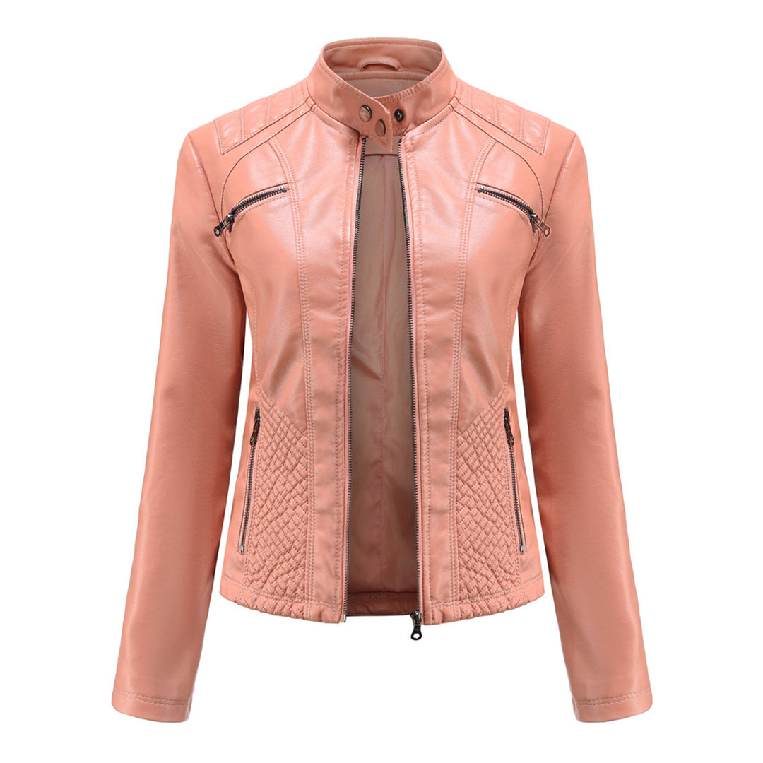 Damen Bikerjacke mit Hohem Kragen - Reißverschluss mit Gesteppten Details