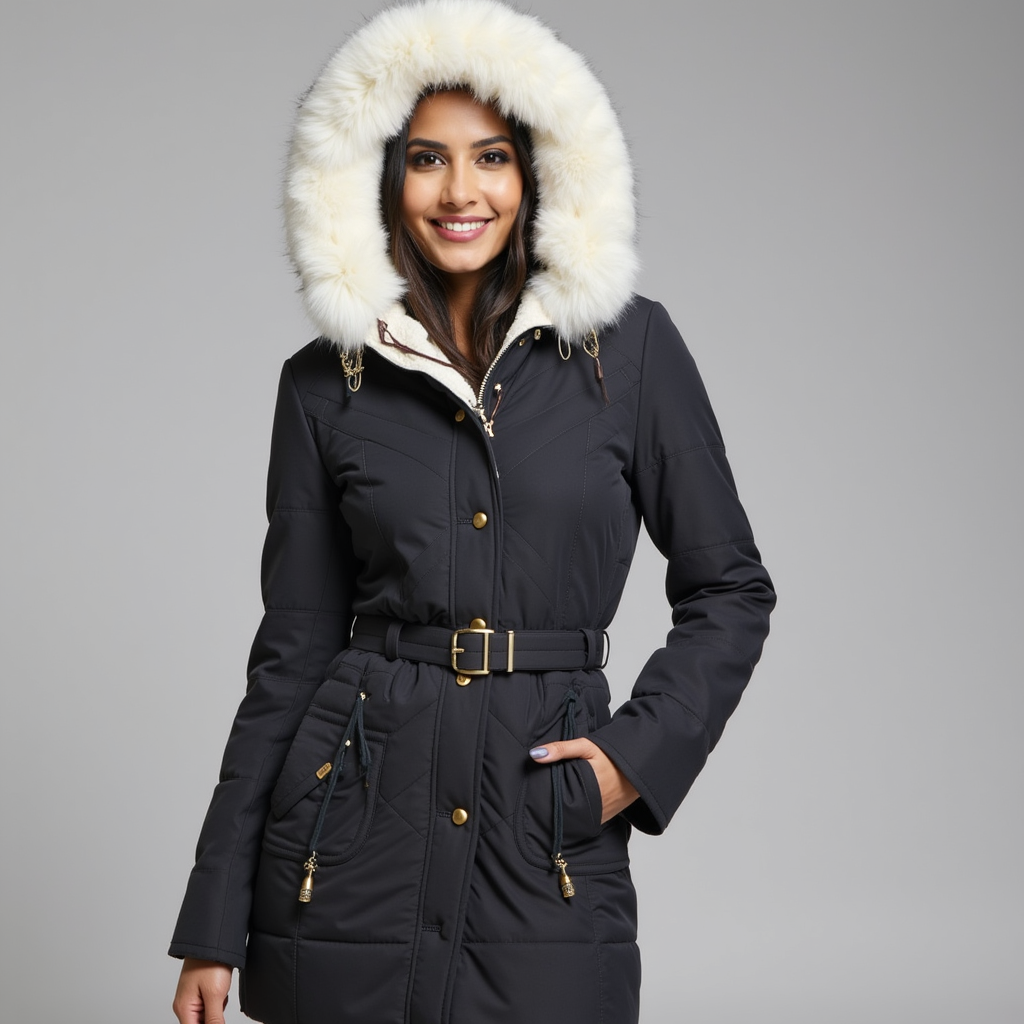 Damen-Winterparka – mit Kapuze und Gürtel