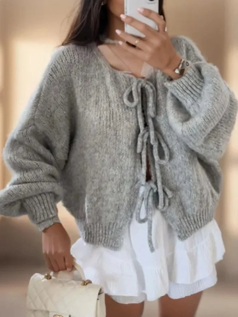 Damen Strick-Cardigan - Ballonärmel mit Schleifenverschluss