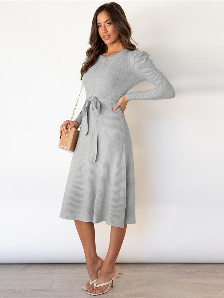 Damen Langarm Gestricktes Jumper-Kleid - A-Linie & Mit Gürtel