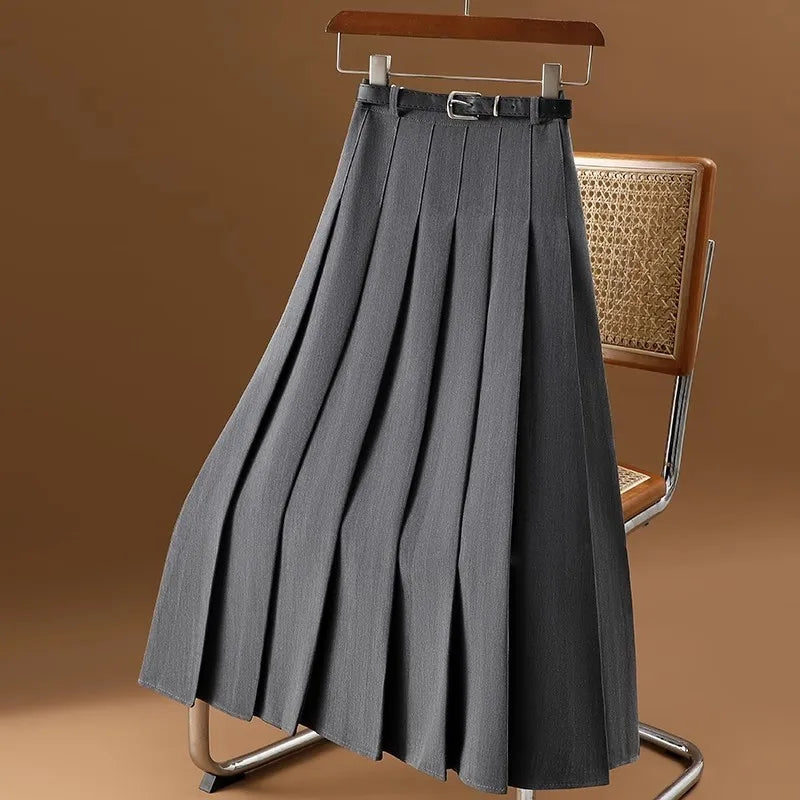 Damen Faltenrock Midi - Hochtaillierte A-Linie mit Gürtel