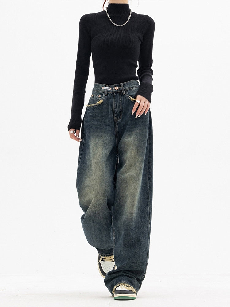 Damen Blaugraue Weite Jeans - Hohe Taille & Lockere Passform