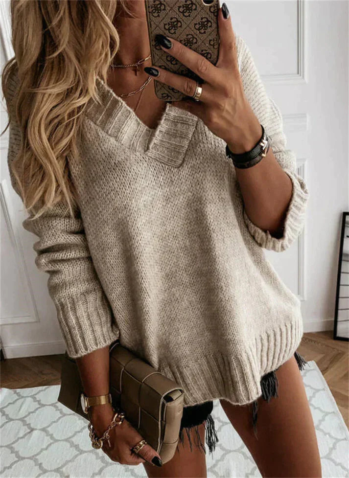 Damen V-Ausschnitt Strickpullover - Gemütlich & Bequem