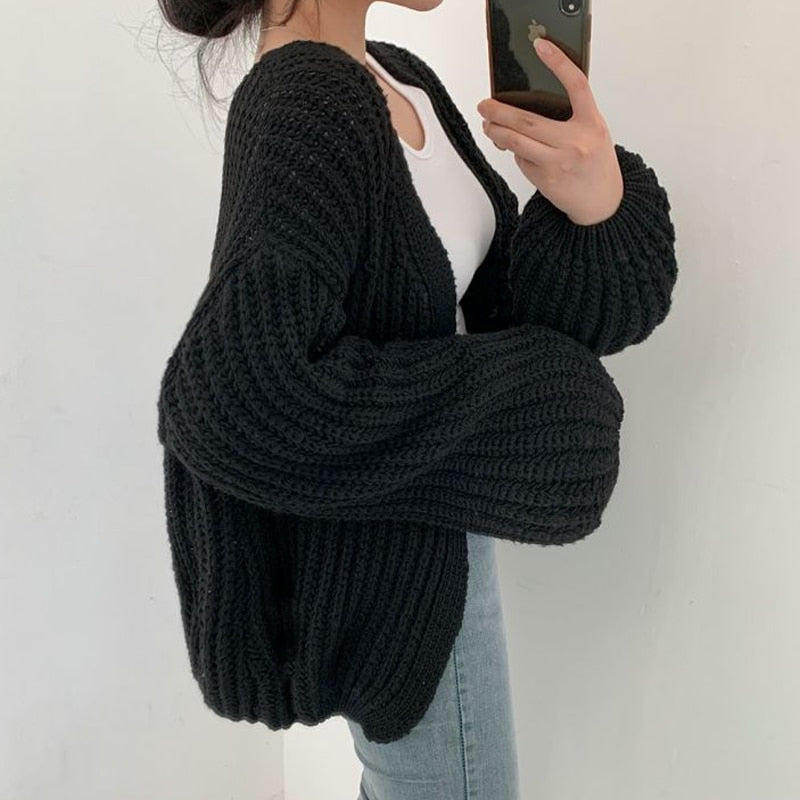 Damen Grobstrick-Cardigan - Ballonärmel & Offene Vorderseite