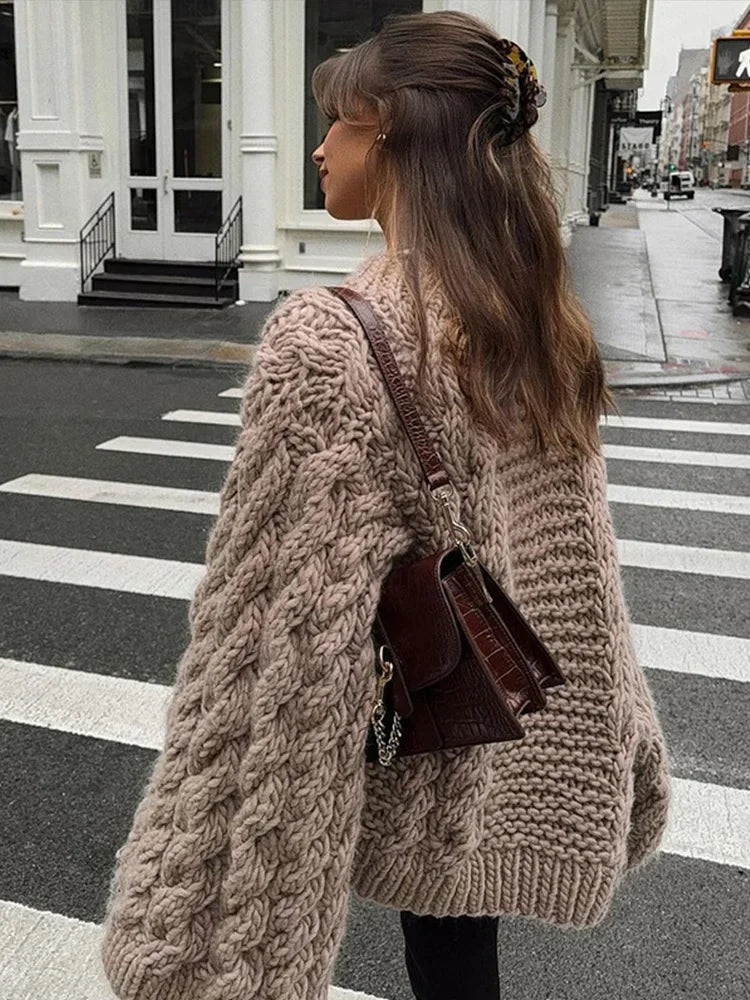 Damen Zopfstrickpullover - Oversized Fledermausärmel
