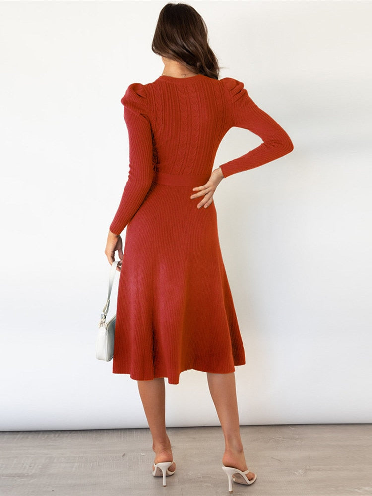 Damen Langarm Gestricktes Jumper-Kleid - A-Linie & Mit Gürtel
