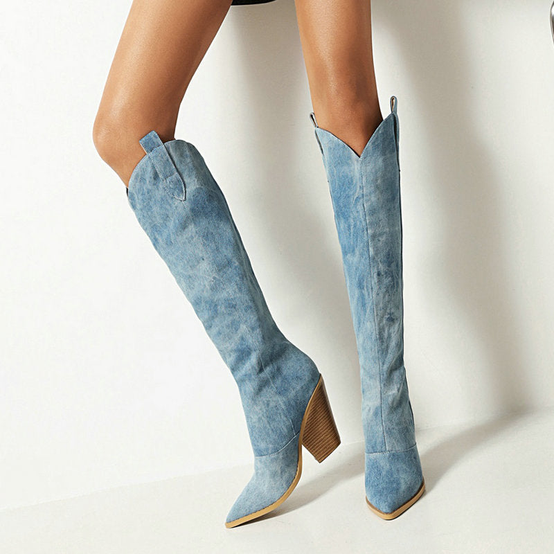 Damen Blaue Kniehohe Cowboy-Stiefel - Spitze Zehen & Klobiger Absatz