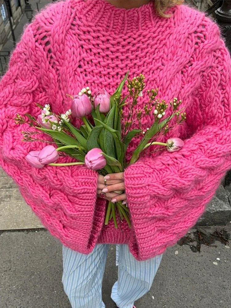 Damen Zopfstrickpullover - Oversized Fledermausärmel