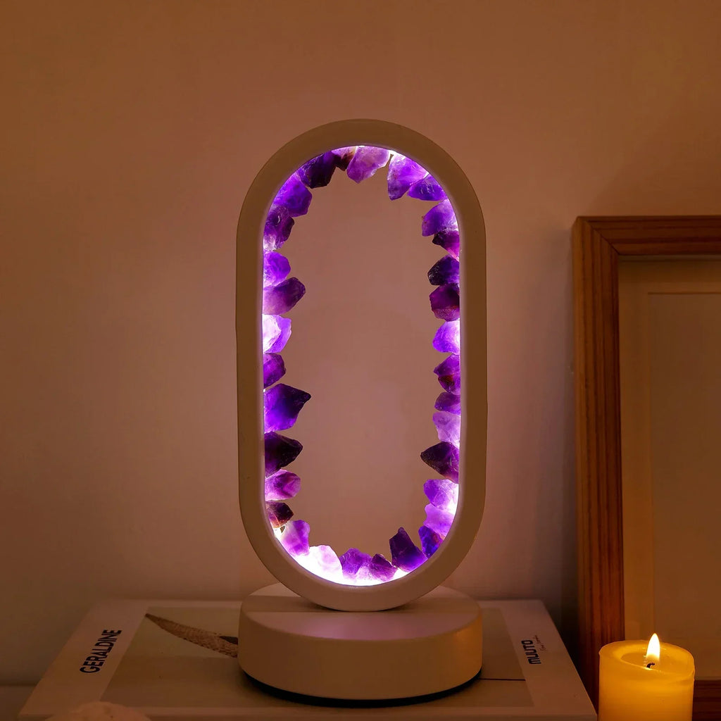 Oval LED Tischlampe mit Natürlichen Kristallen - Beruhigendes Ambiente Nachtlicht