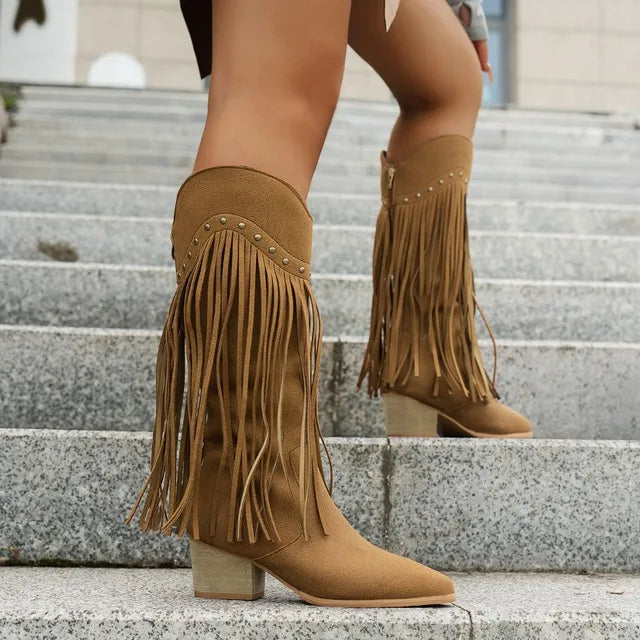 Damen Cowboystiefel aus Wildleder – Western-Stil mit Fransen