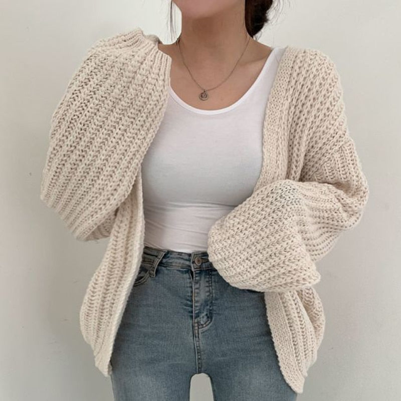 Damen Grobstrick-Cardigan - Ballonärmel & Offene Vorderseite