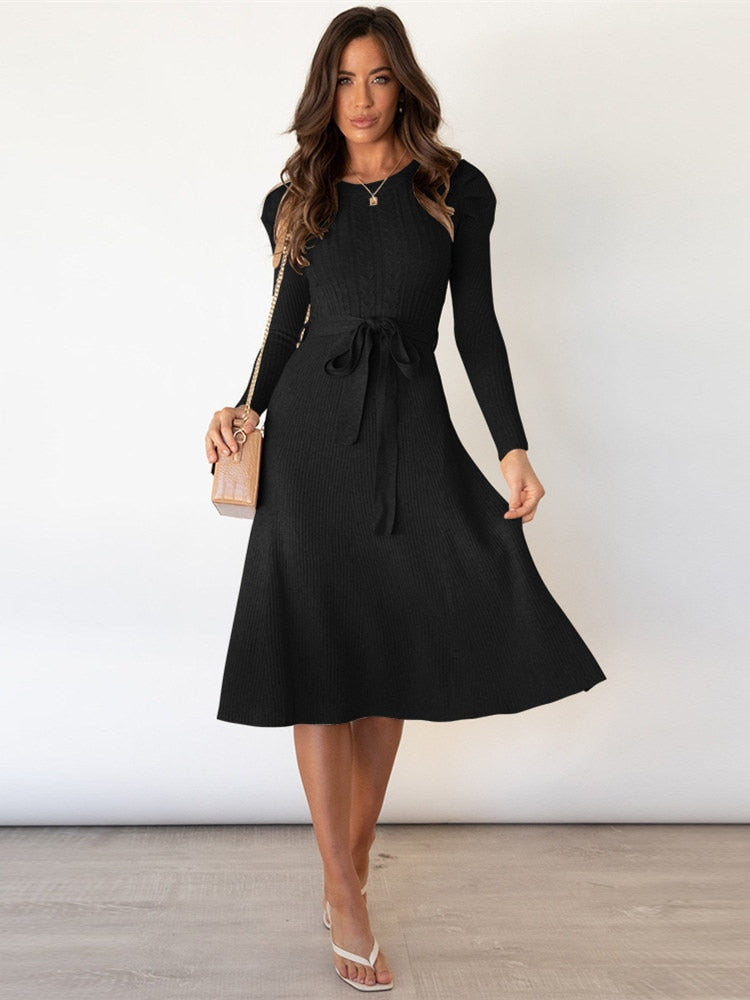 Damen Langarm Gestricktes Jumper-Kleid - A-Linie & Mit Gürtel