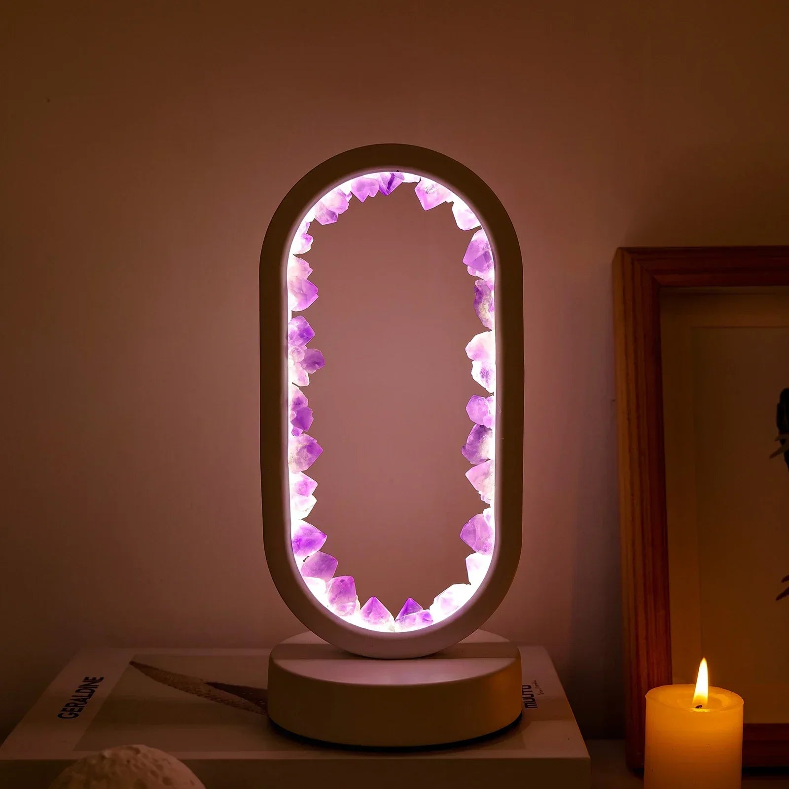 Oval LED Tischlampe mit Natürlichen Kristallen - Beruhigendes Ambiente Nachtlicht