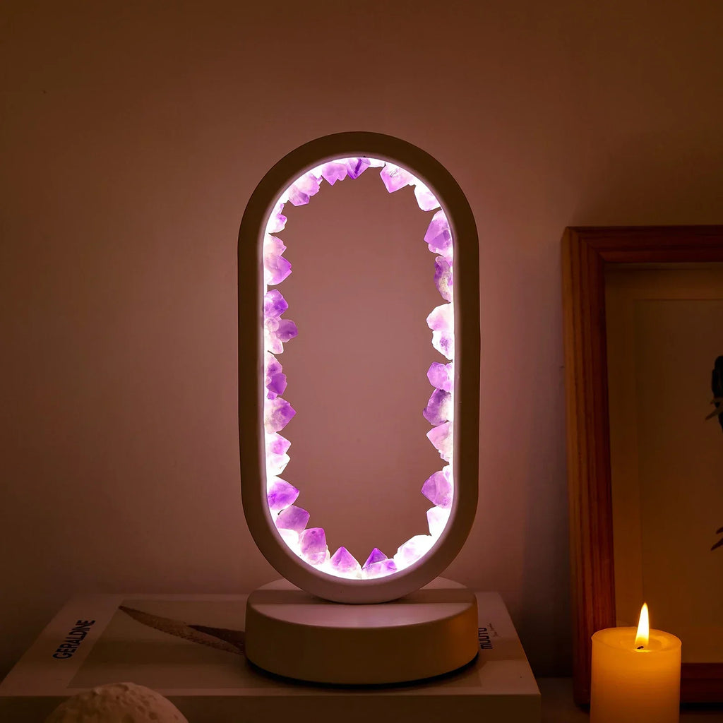 Oval LED Tischlampe mit Natürlichen Kristallen - Beruhigendes Ambiente Nachtlicht