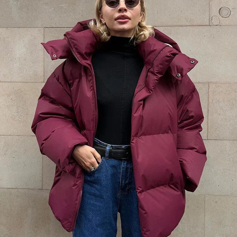 Damen Oversize Pufferjacke - Kurzer Stepp-Fason mit Kapuze