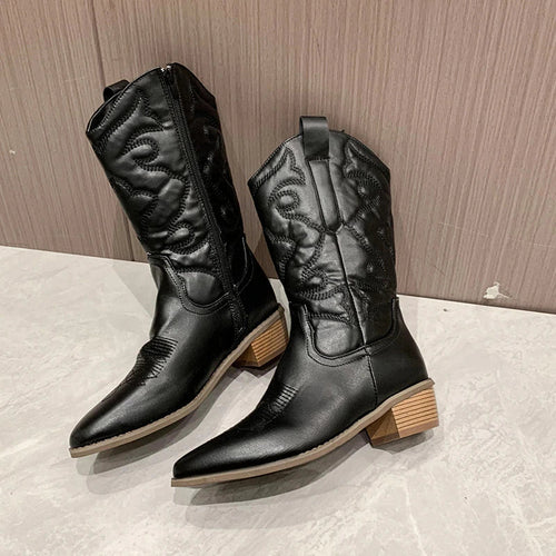 Damen Cowboystiefel in Metallic-Optik – Mit Stickerei-Detail