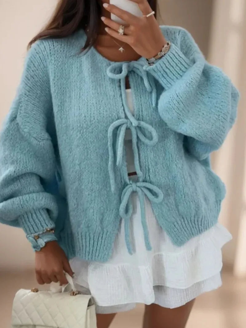 Damen Strick-Cardigan - Ballonärmel mit Schleifenverschluss