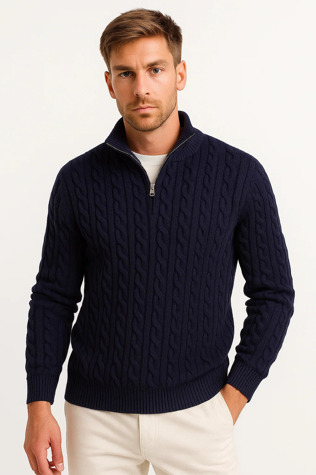 Herren Strickpullover - Stehkragen mit Viertelreißverschluss