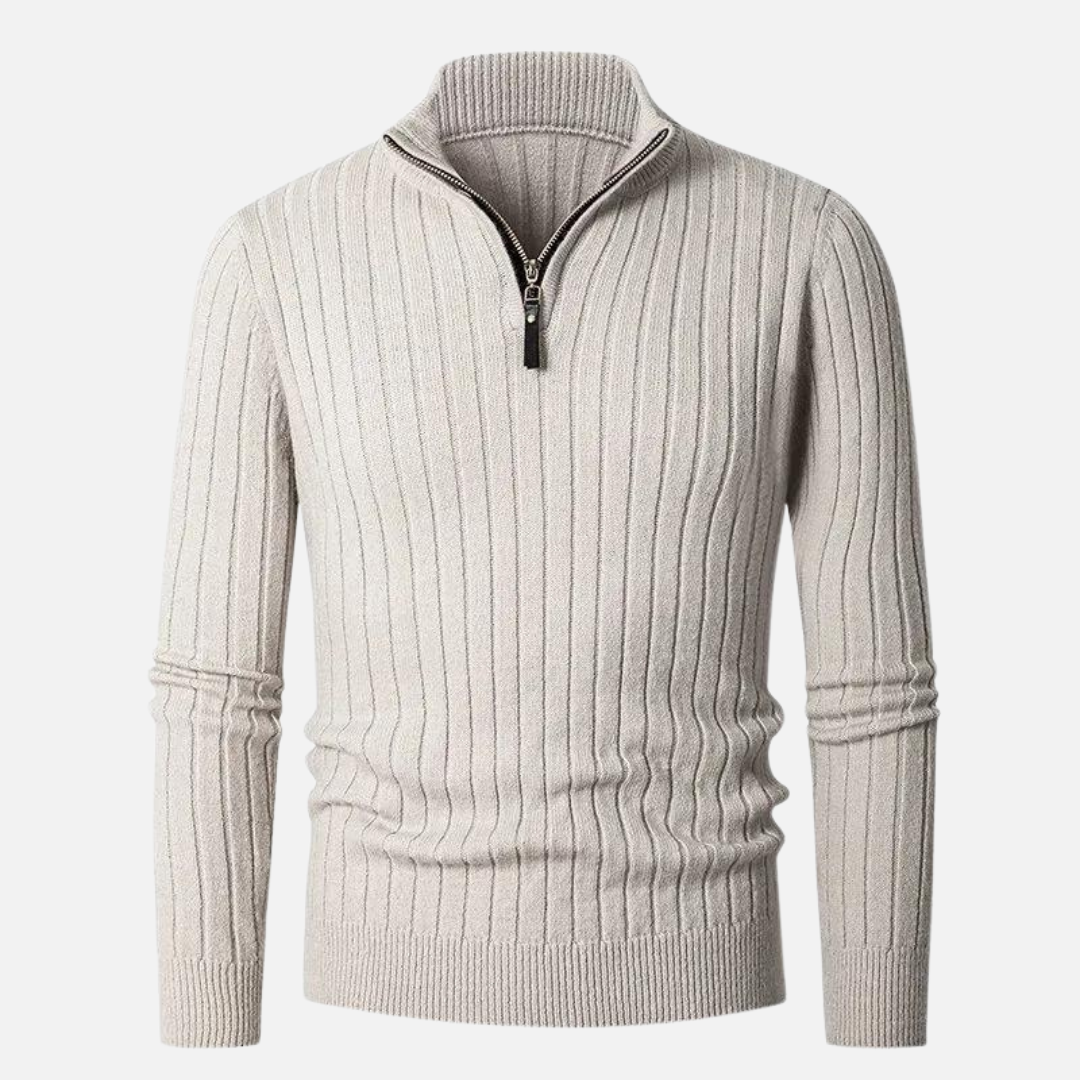 Herren Halb-Reißverschluss Strickpullover – Geripptes Oberteil mit Hochkragen