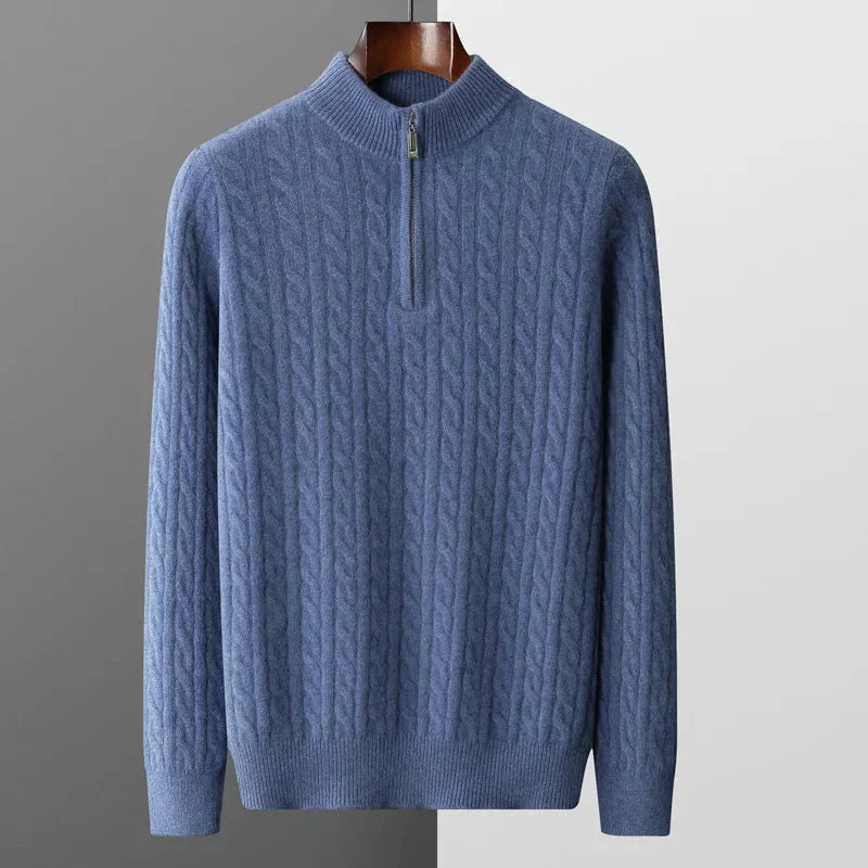 Herren Zopfstrick-Pullover – Viertel-Reißverschluss mit Stehkragen