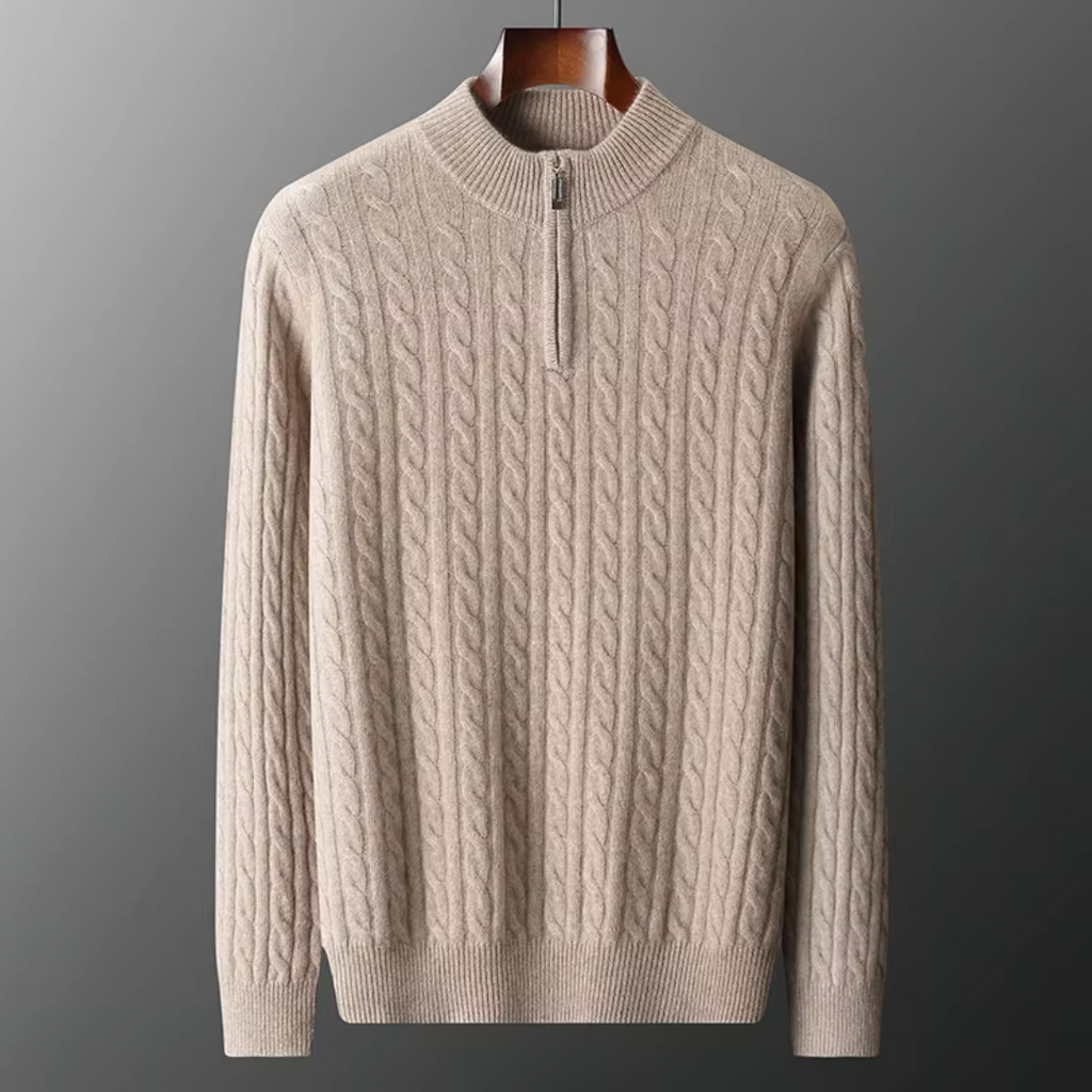 Herren Zopfstrick-Pullover – Viertel-Reißverschluss mit Stehkragen
