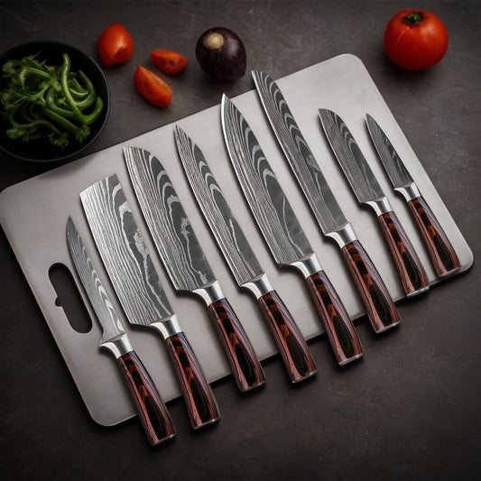 8-teiliges Kochmesser Set – Chefmesser mit Damast-Design