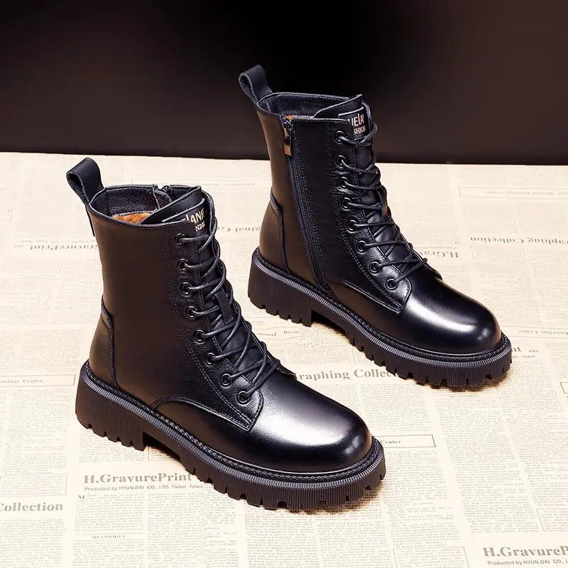Damen Schwarze Knöchelstiefel - Schnürung mit Seitlichem Reißverschluss