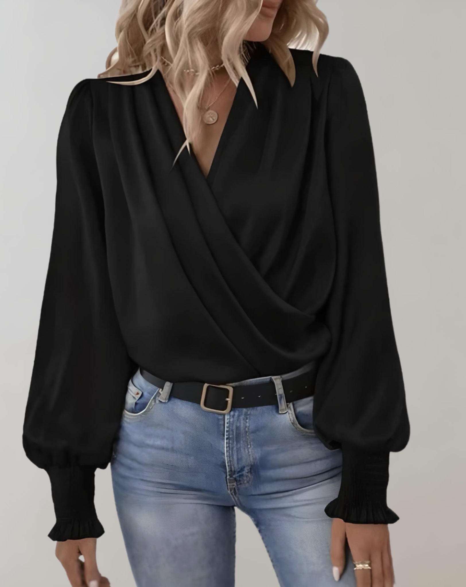 Damen V-Ausschnitt Wickelbluse - Fließend mit gerafften Ärmeln Top