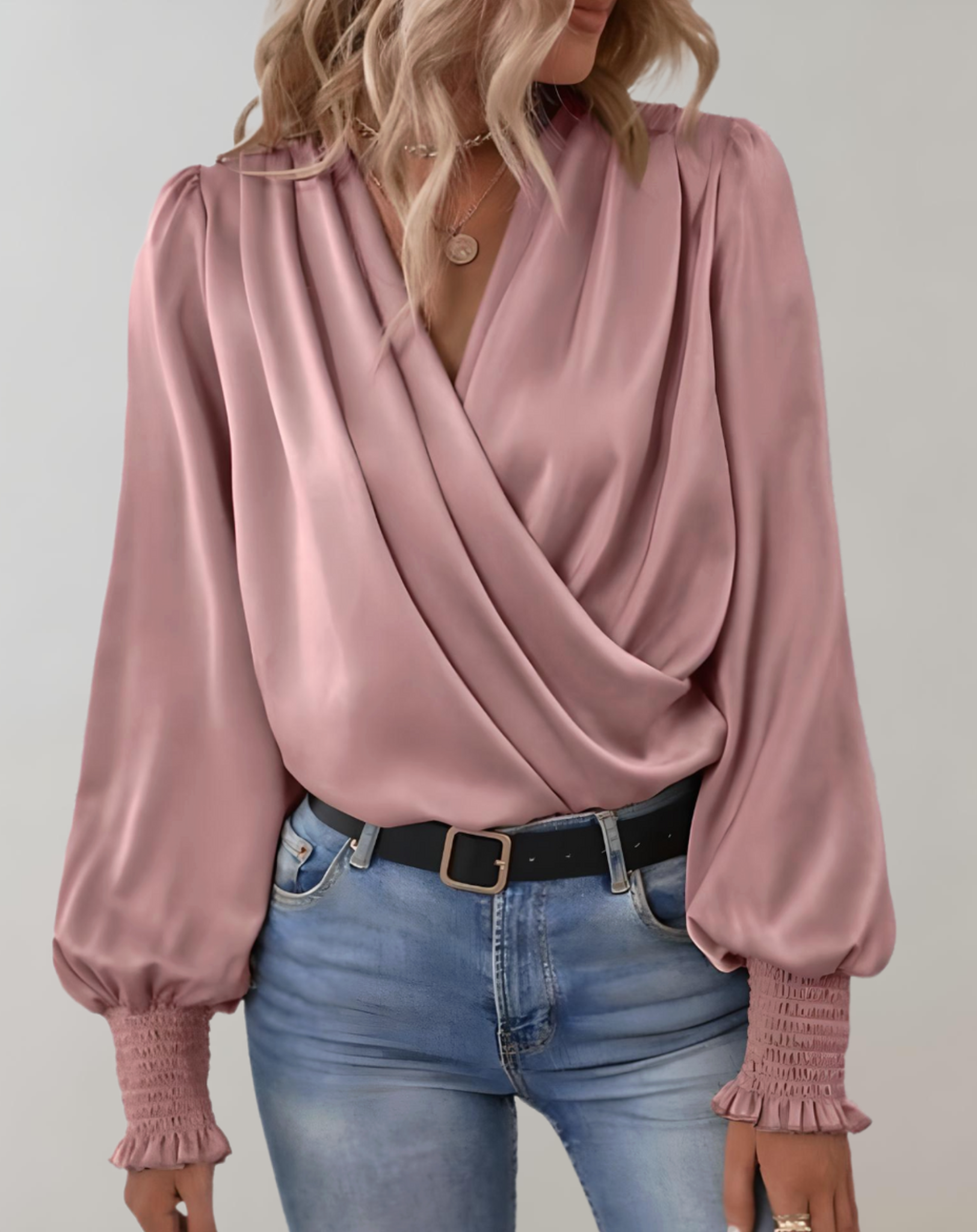 Damen V-Ausschnitt Wickelbluse - Fließend mit gerafften Ärmeln Top