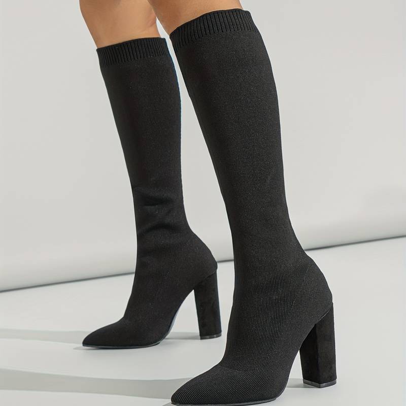 Damen Kniehohe Sockenstiefel - Stretch-Strick & Blockabsatz