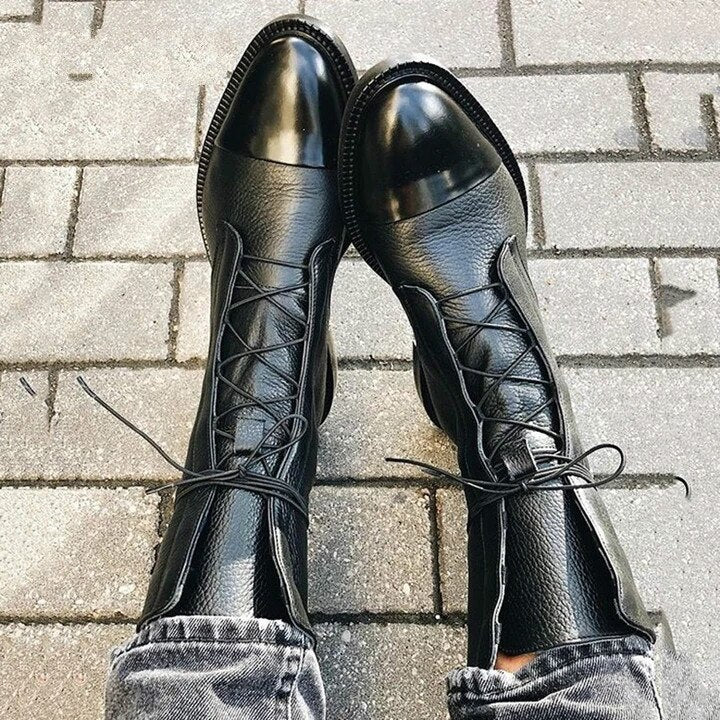 Damen Schnürstiefel Schwarz - Mittelhoch mit Profilsohle