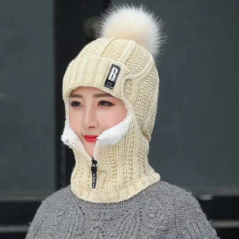 Damen Winter Balaclava Beanie - Strickmütze mit Reißverschluss und Bommel