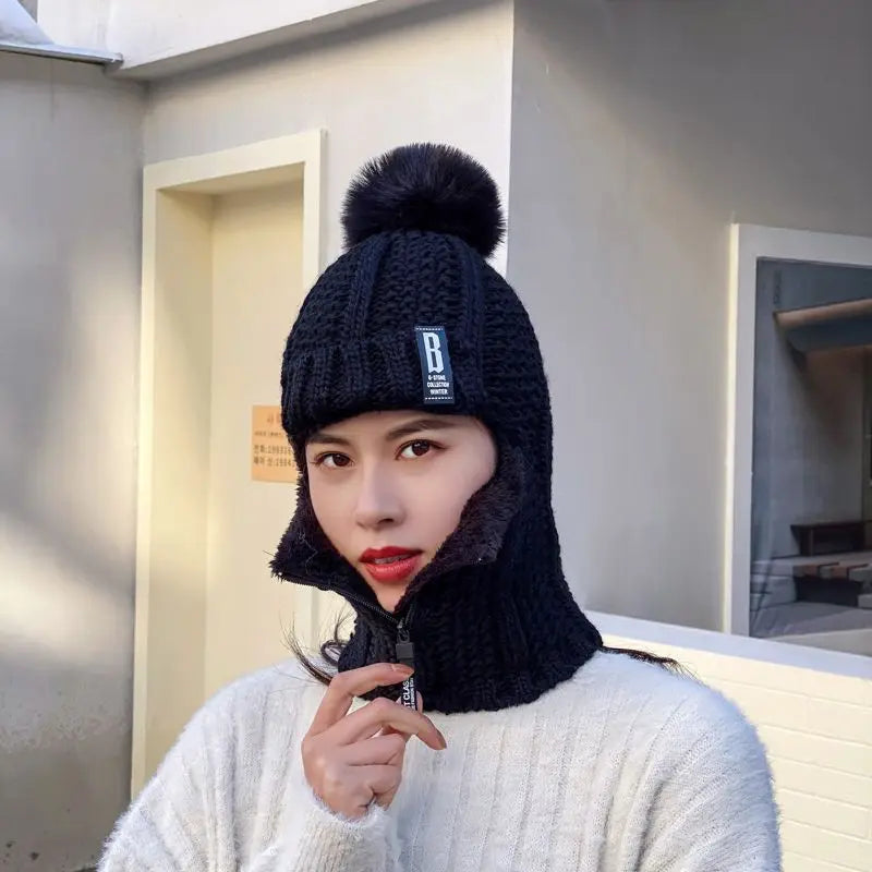 Damen Winter Balaclava Beanie - Strickmütze mit Reißverschluss und Bommel