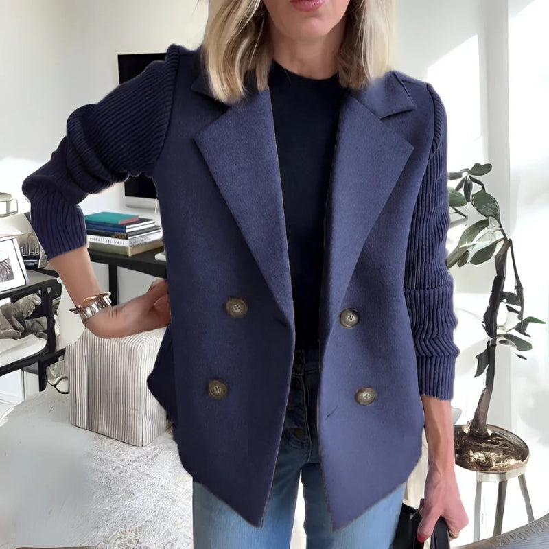 Damen Zweireiher Blazer - Gestrickte Ärmel & Reverskragen