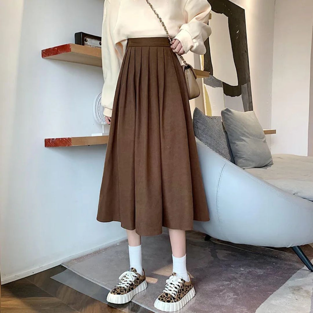 Damen Faltenrock Midi - Hochtaillierte A-Linie
