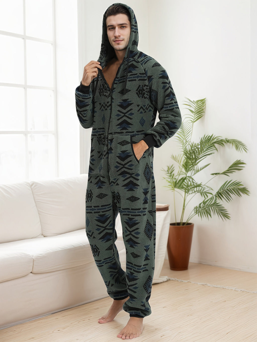 Herren Bedruckter Loungewear Onesie - Kapuzen-Pyjamaanzug
