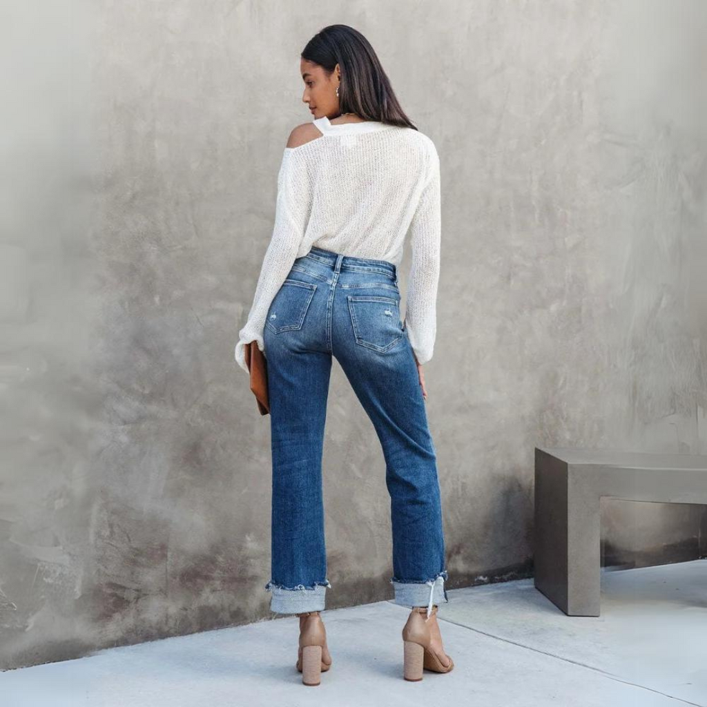 Damen Blaue Jeans mit Weitem Bein - Hohe Taille & Knöchelhose