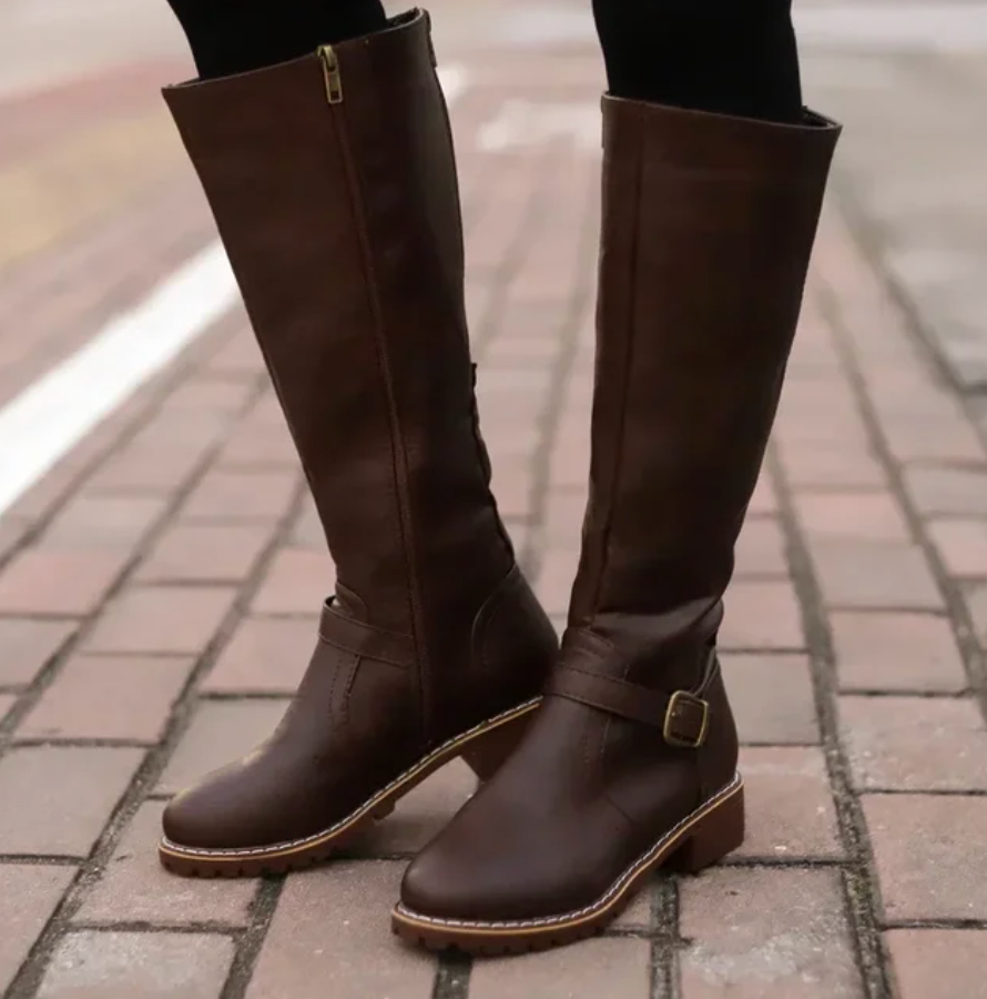 Damen Kniehohe Stiefel - Schnalle & Niedriger Blockabsatz